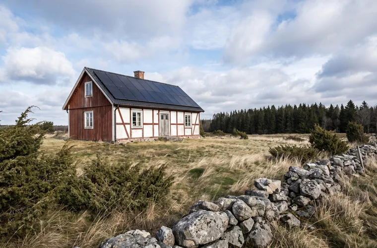 Hus på småländska höglandet med solceller på taket, öppen mark och barrskog